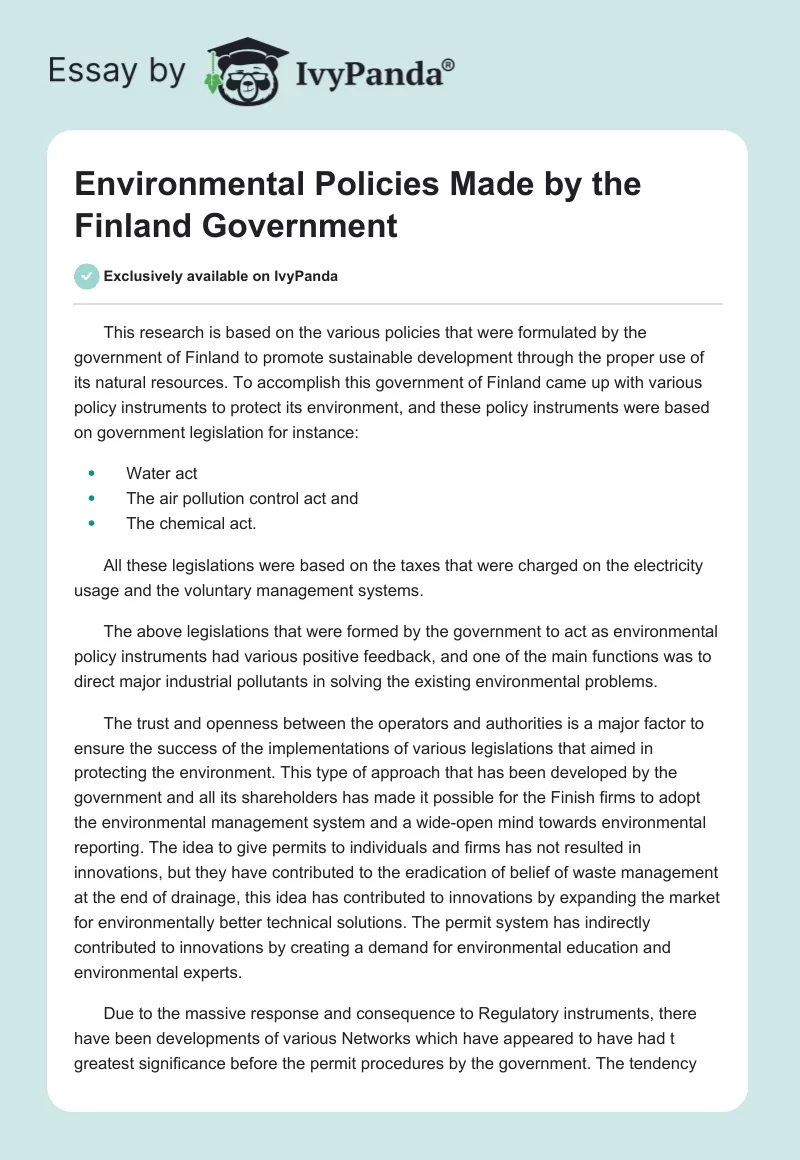 Environmental Policies Made by the Finland Government. Page 1