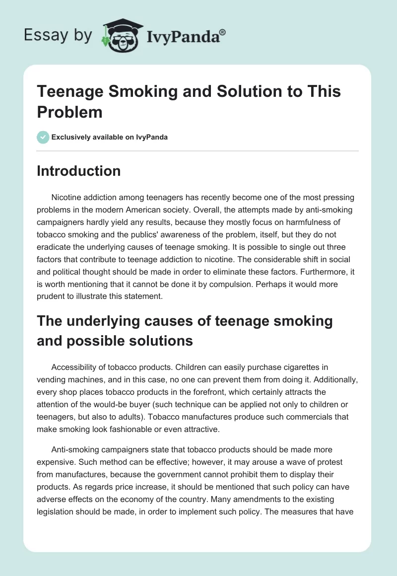 Teenage Smoking and Solution to This Problem. Page 1