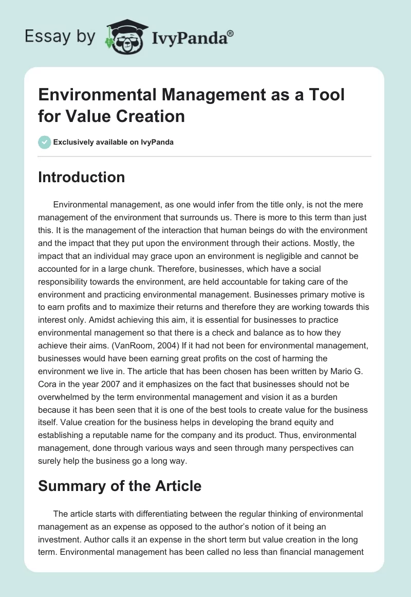 Environmental Management as a Tool for Value Creation. Page 1