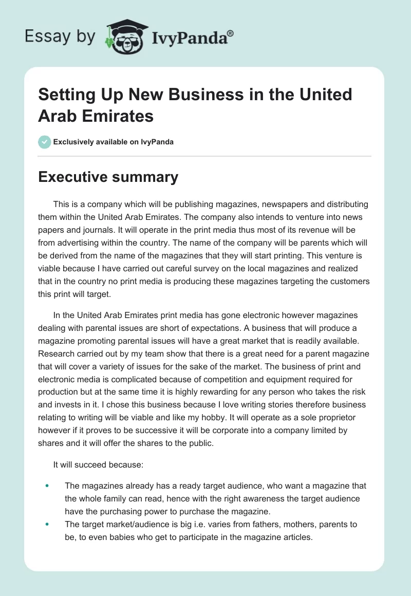 Setting Up New Business in the United Arab Emirates. Page 1