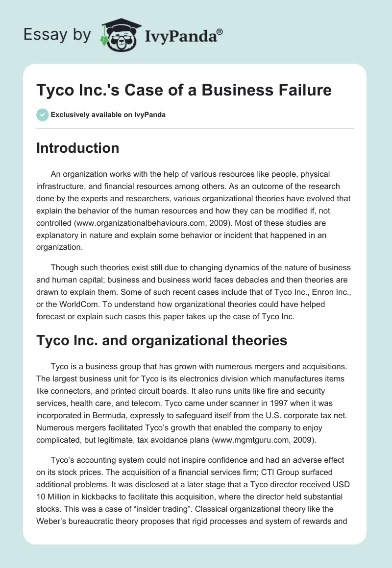 Tyco Inc.'s Case of a Business Failure. Page 1