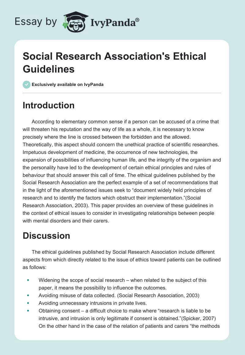 Social Research Association's Ethical Guidelines. Page 1