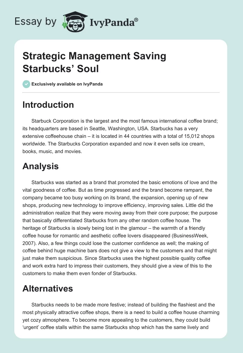 Strategic Management Saving Starbucks’ Soul. Page 1