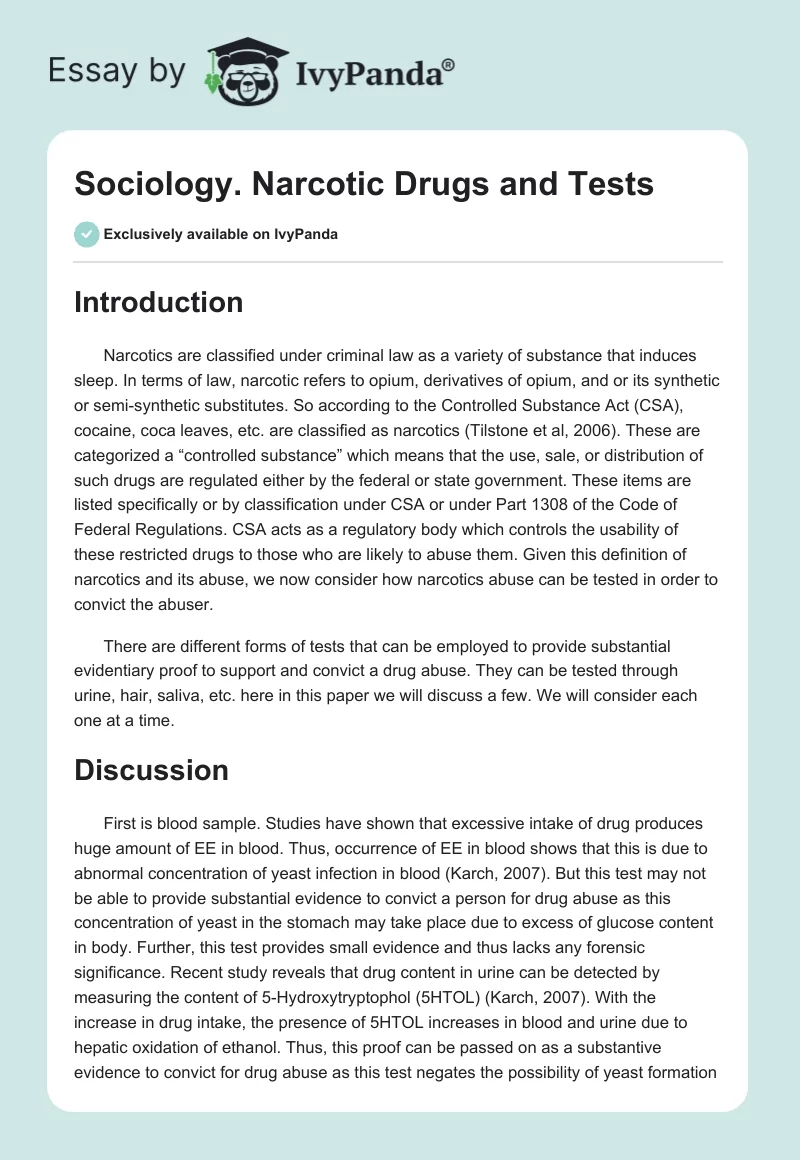 Sociology. Narcotic Drugs and Tests. Page 1