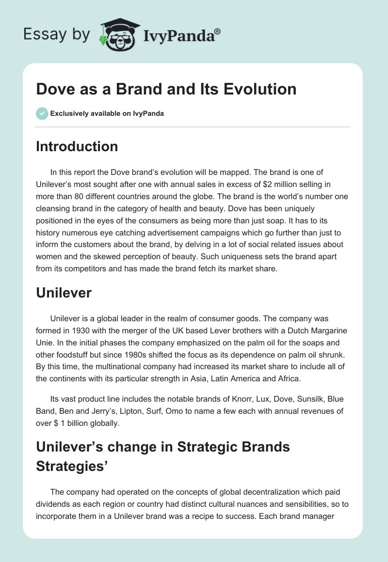 Dove as a Brand and Its Evolution. Page 1