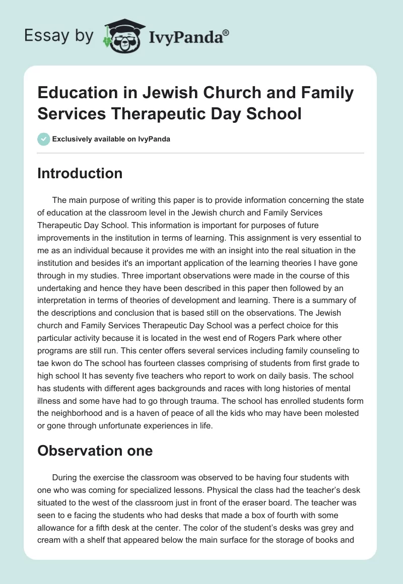 Education in Jewish Church and Family Services Therapeutic Day School. Page 1