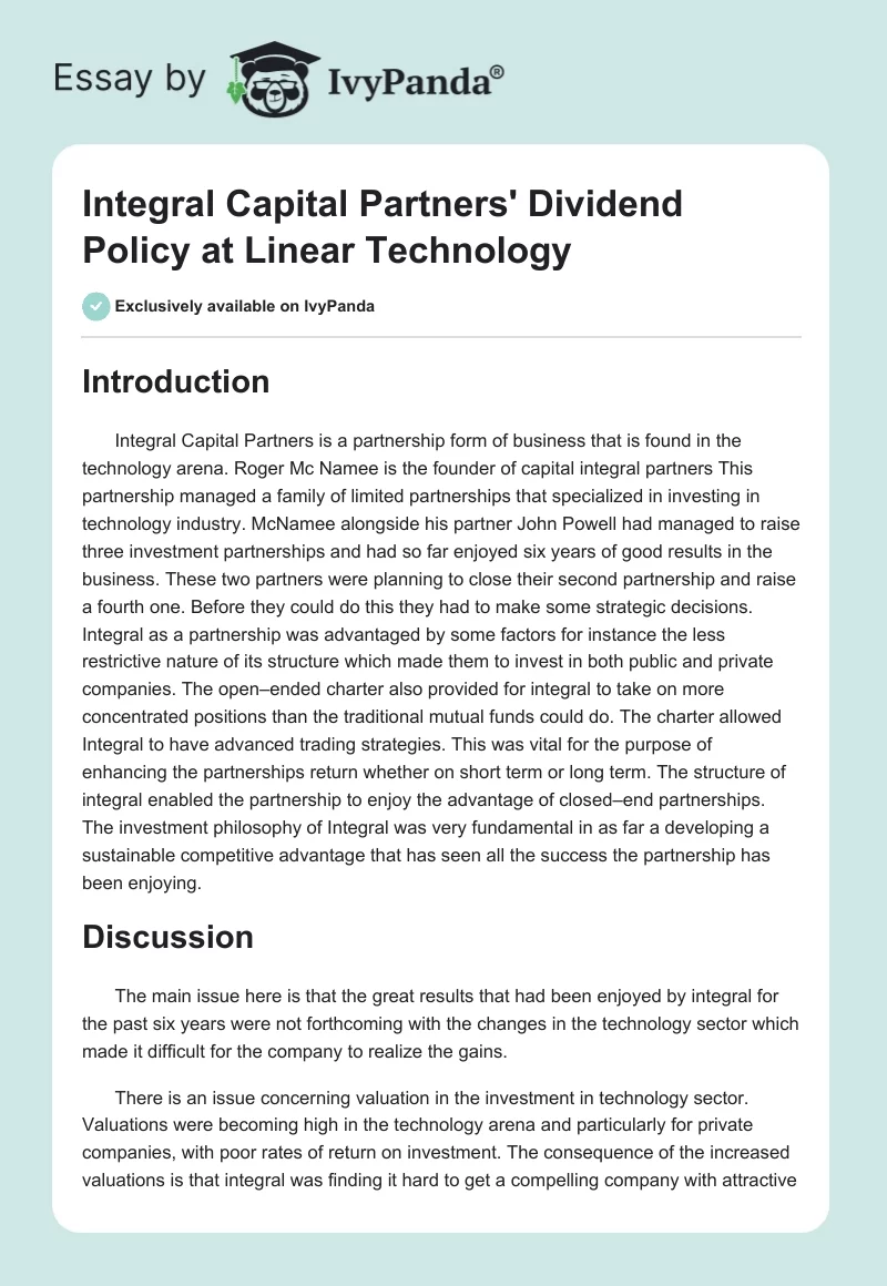 Integral Capital Partners' Dividend Policy at Linear Technology. Page 1