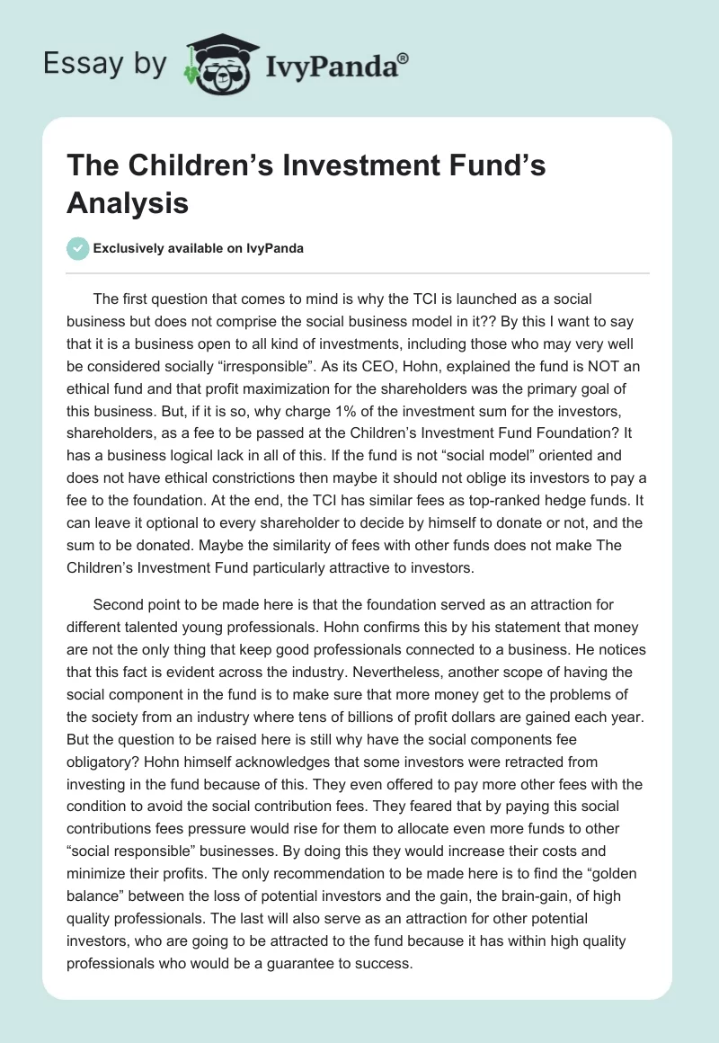The Children’s Investment Fund’s Analysis. Page 1