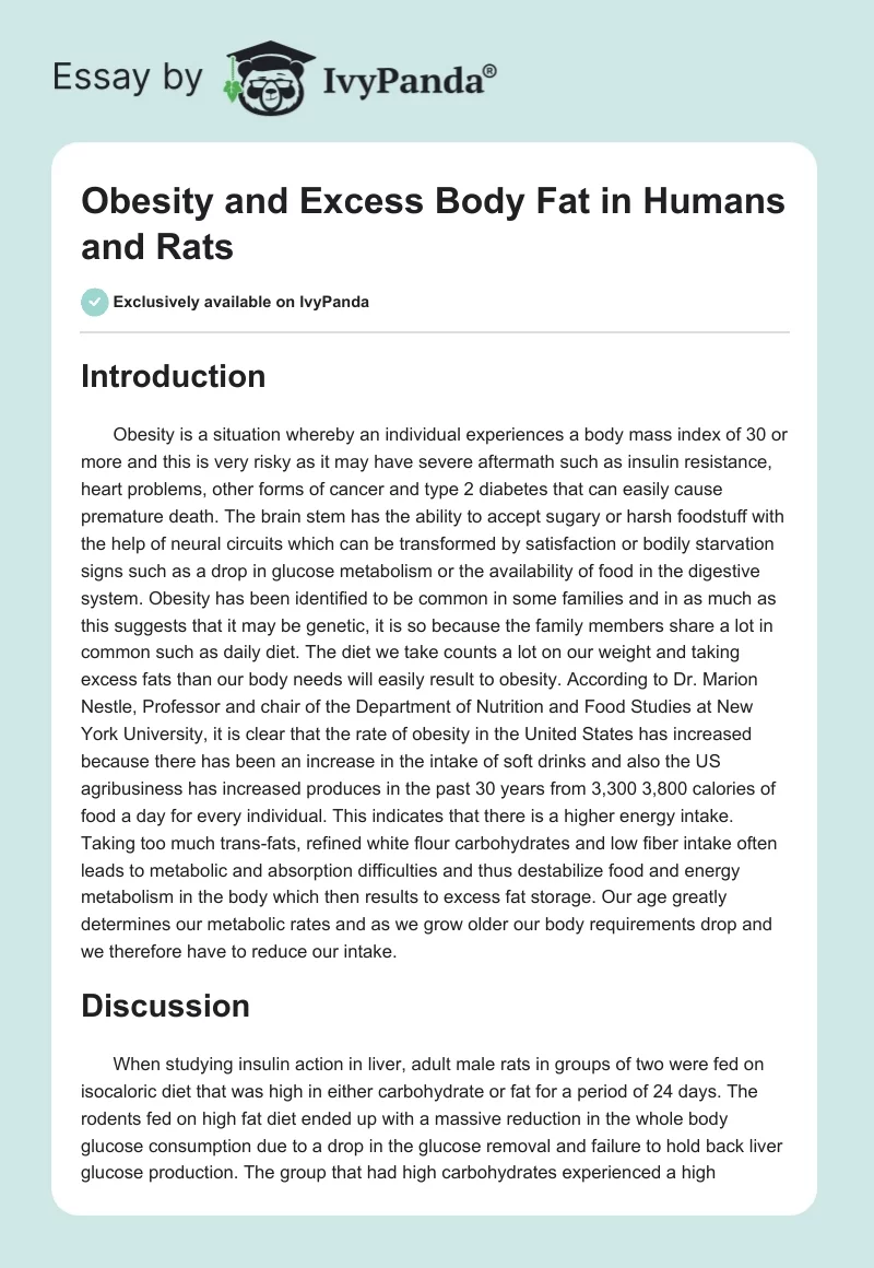 Obesity and Excess Body Fat in Humans and Rats. Page 1