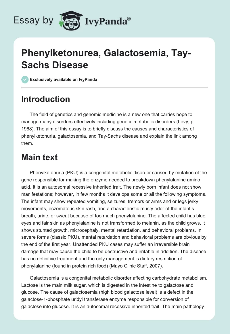 Phenylketonurea, Galactosemia, Tay-Sachs Disease. Page 1
