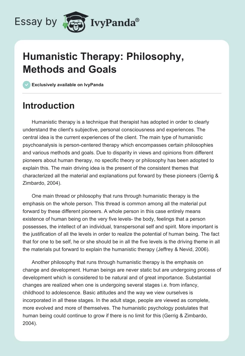 Humanistic Therapy: Philosophy, Methods and Goals. Page 1