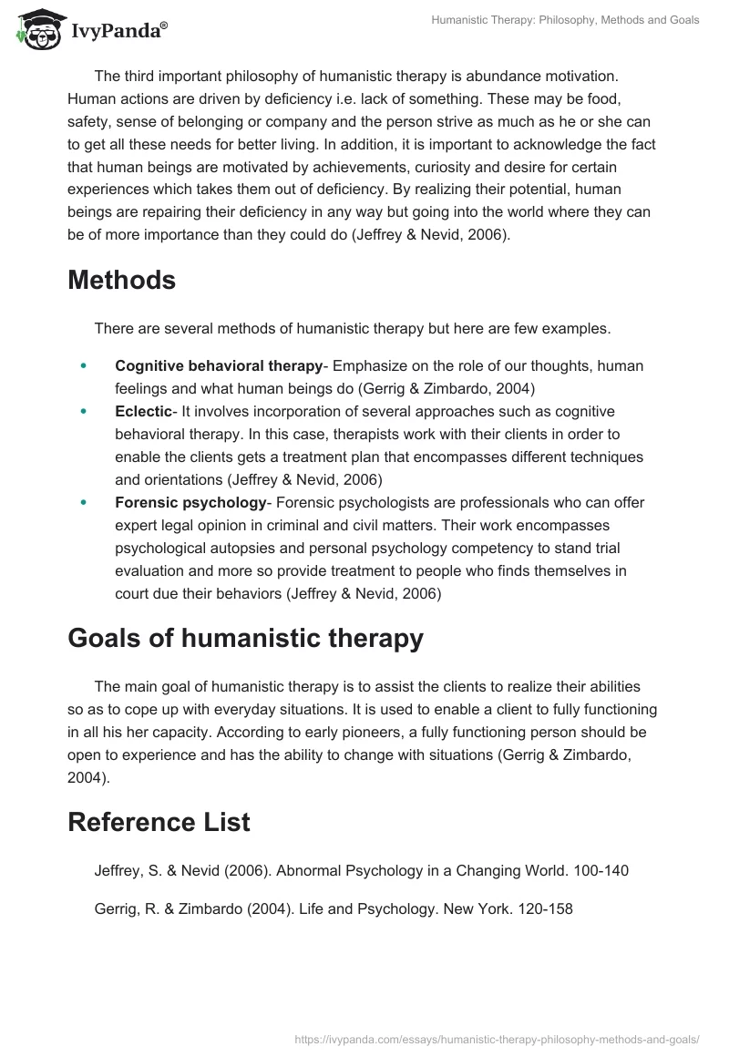 Humanistic Therapy: Philosophy, Methods and Goals. Page 2