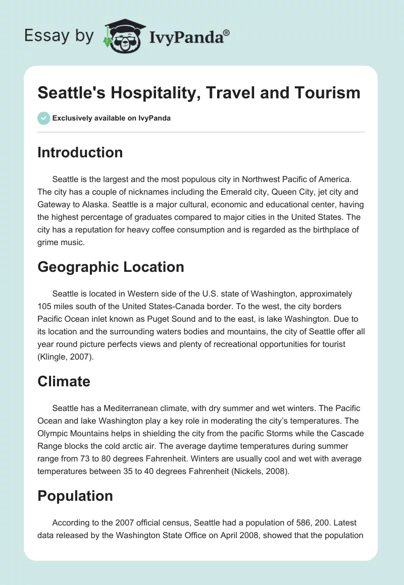 Seattle's Hospitality, Travel and Tourism. Page 1