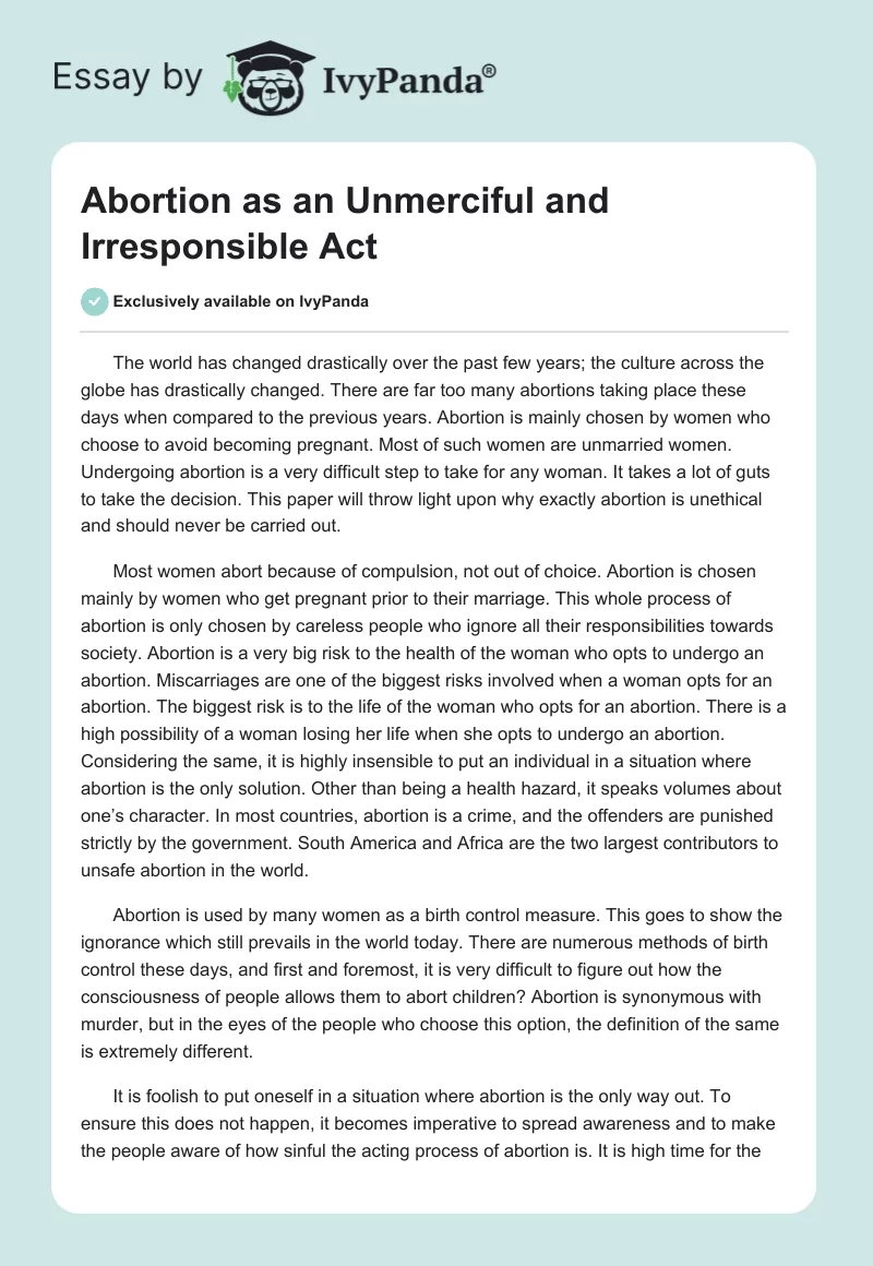 Abortion as an Unmerciful and Irresponsible Act. Page 1