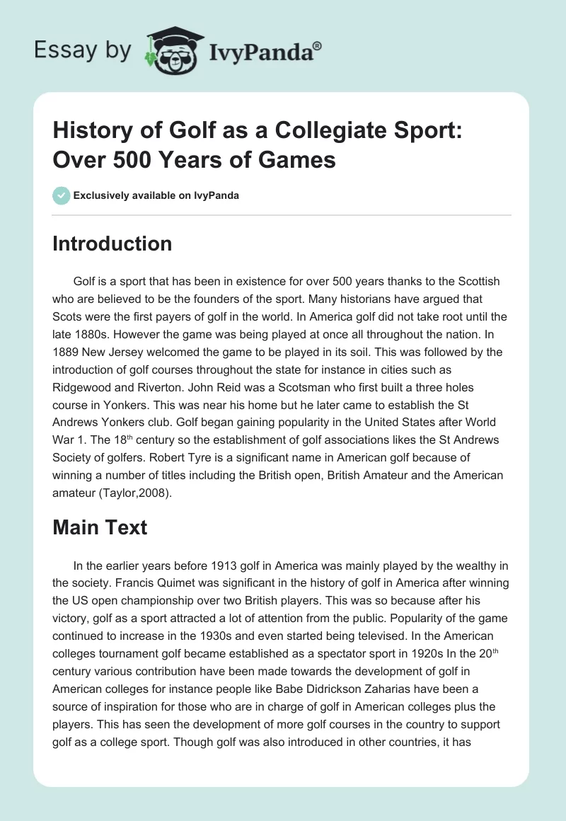 History of Golf as a Collegiate Sport: Over 500 Years of Games. Page 1