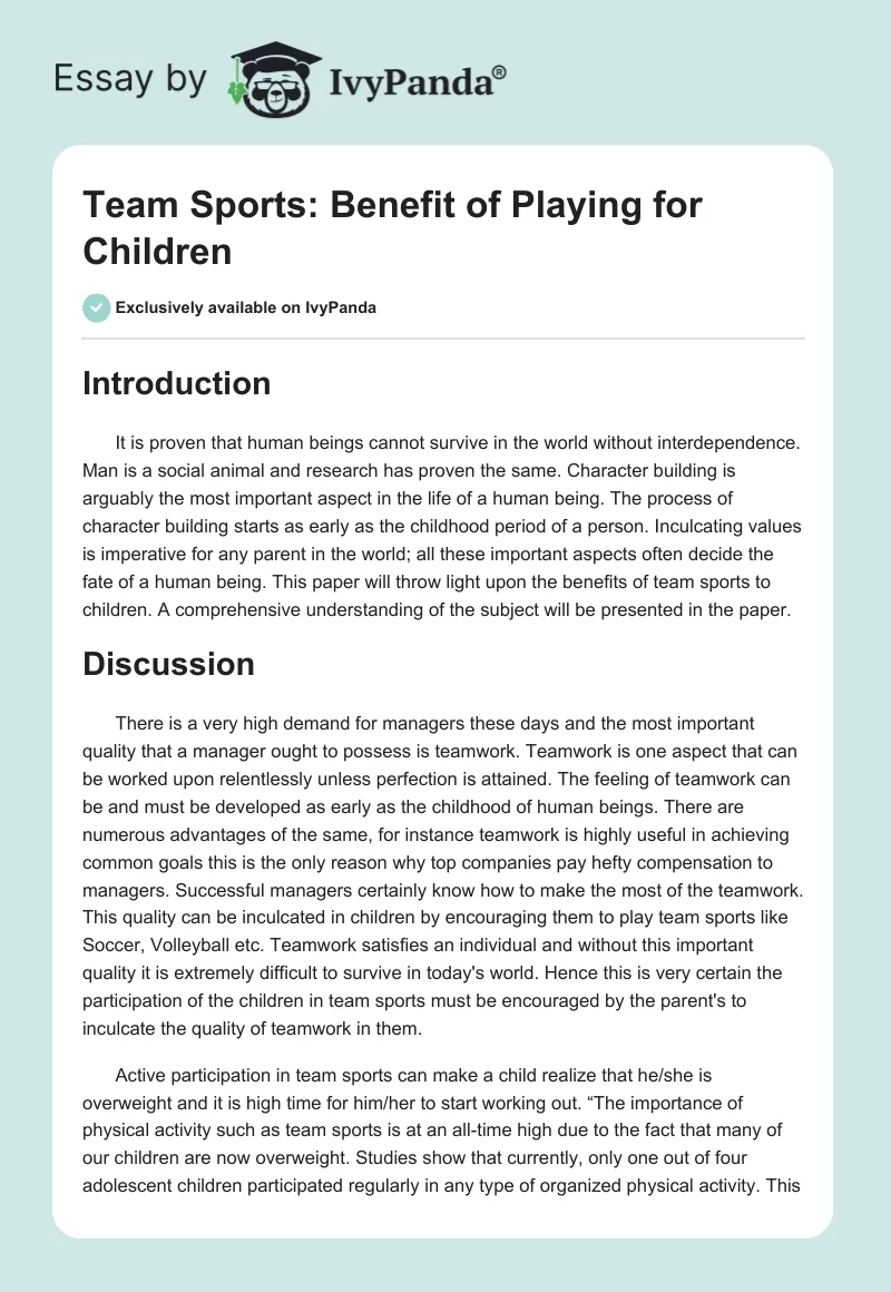 Team Sports: Benefit of Playing for Children. Page 1