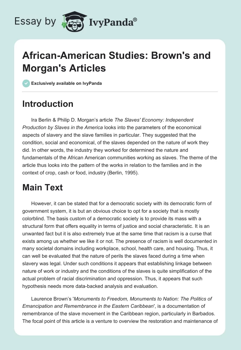 African-American Studies: Brown's and Morgan's Articles. Page 1