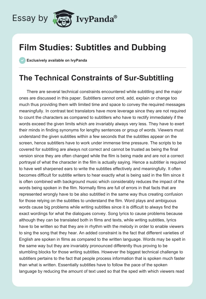 Film Studies: Subtitles and Dubbing. Page 1