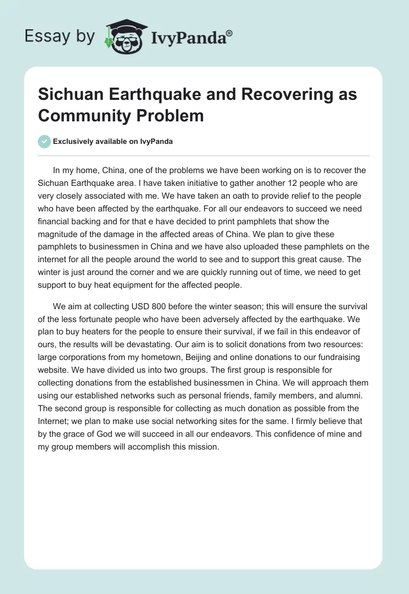 Sichuan Earthquake and Recovering as Community Problem. Page 1