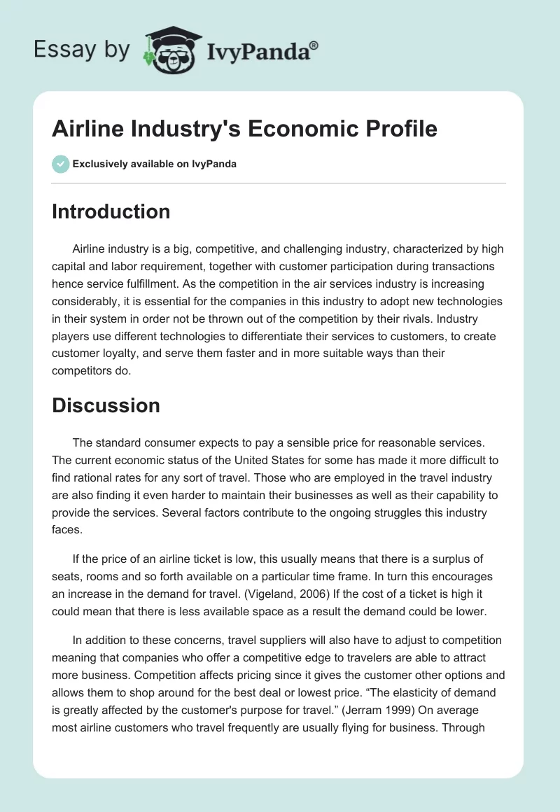 Airline Industry's Economic Profile. Page 1