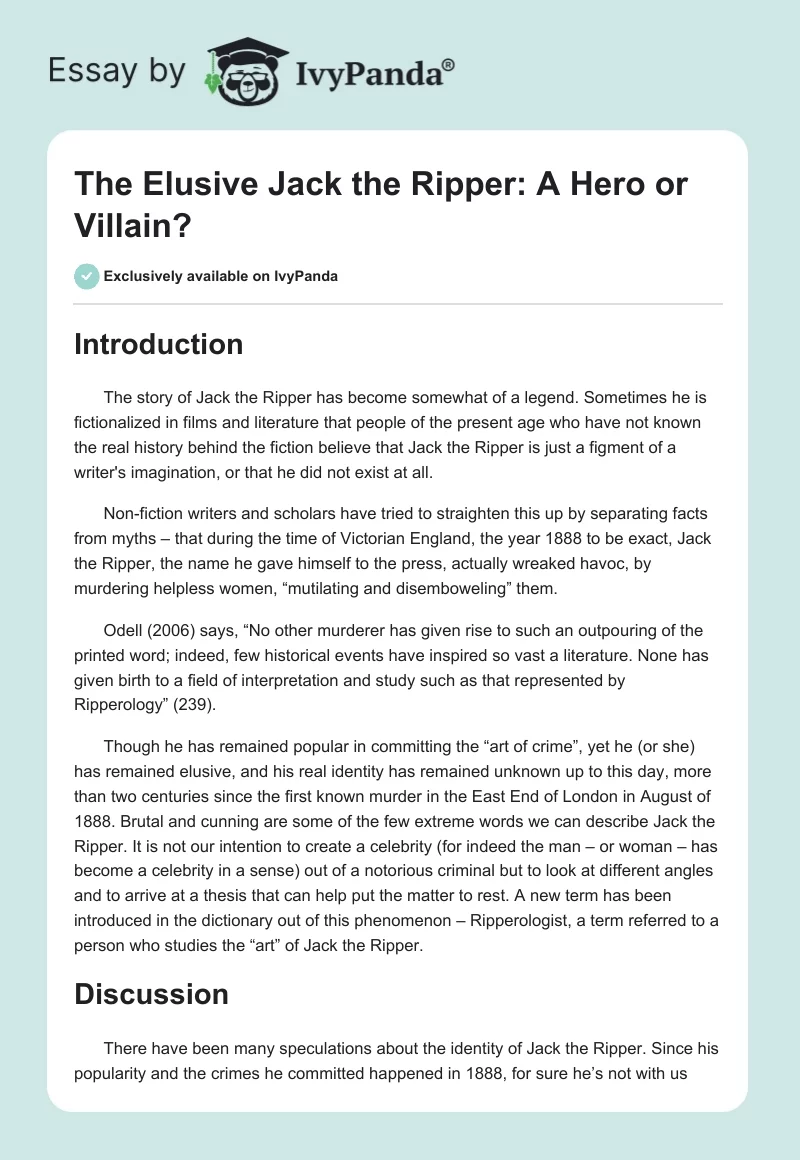 The Elusive Jack the Ripper: A Hero or Villain?. Page 1