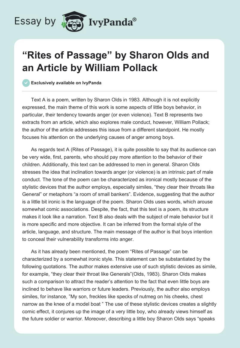 “Rites of Passage” by Sharon Olds and an Article by William Pollack. Page 1
