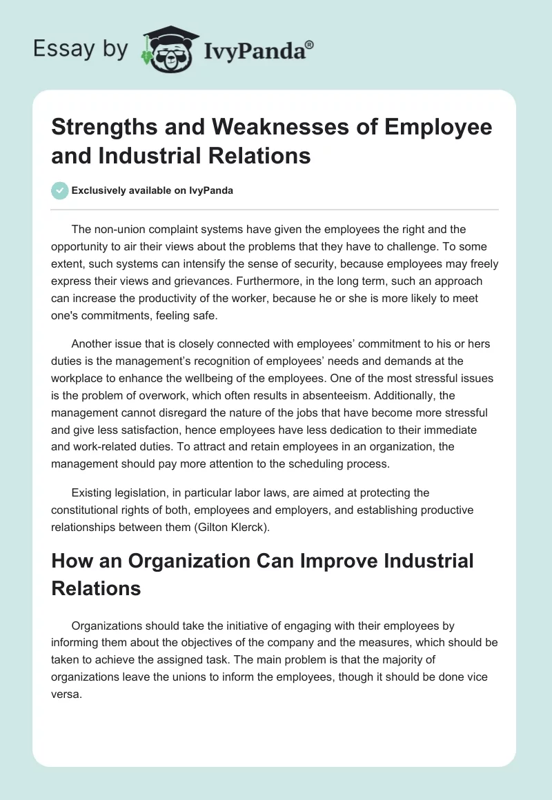 Strengths and Weaknesses of Employee and Industrial Relations. Page 1