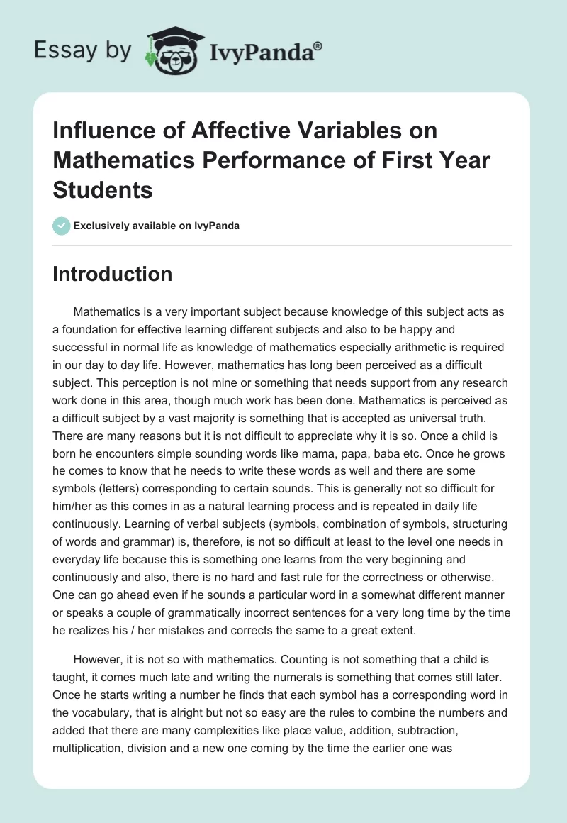 Influence of Affective Variables on Mathematics Performance of First Year Students. Page 1