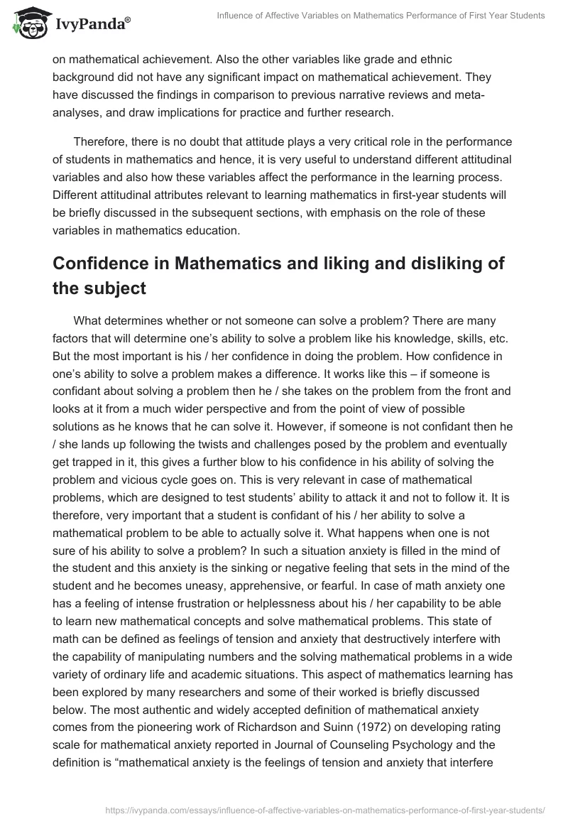 Influence of Affective Variables on Mathematics Performance of First Year Students. Page 4