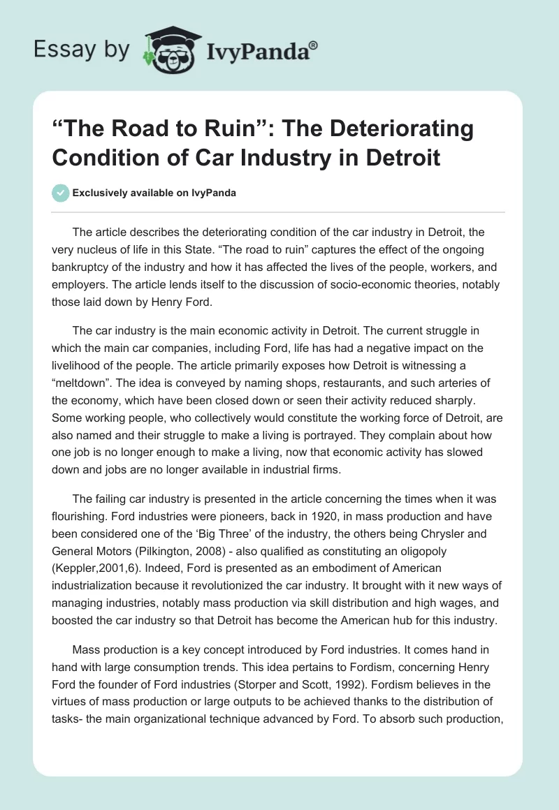 “The Road to Ruin”: The Deteriorating Condition of Car Industry in Detroit. Page 1
