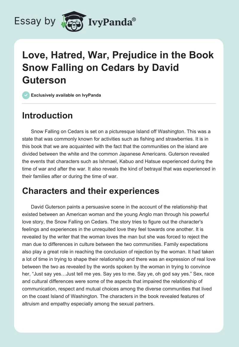 Love, Hatred, War, Prejudice in the Book "Snow Falling on Cedars" by David Guterson. Page 1