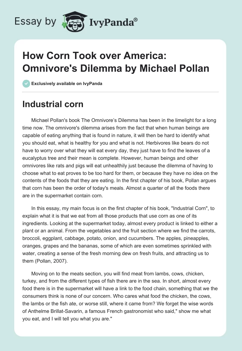 How Corn Took over America: Omnivore's Dilemma by Michael Pollan. Page 1