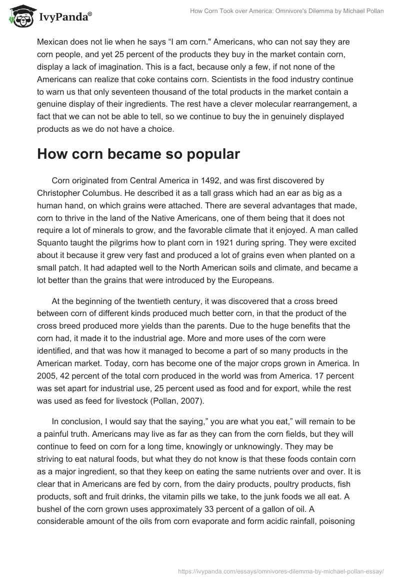 How Corn Took over America: Omnivore's Dilemma by Michael Pollan. Page 3