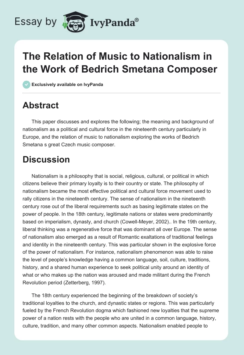 The Relation of Music to Nationalism in the Work of Bedrich Smetana Composer. Page 1