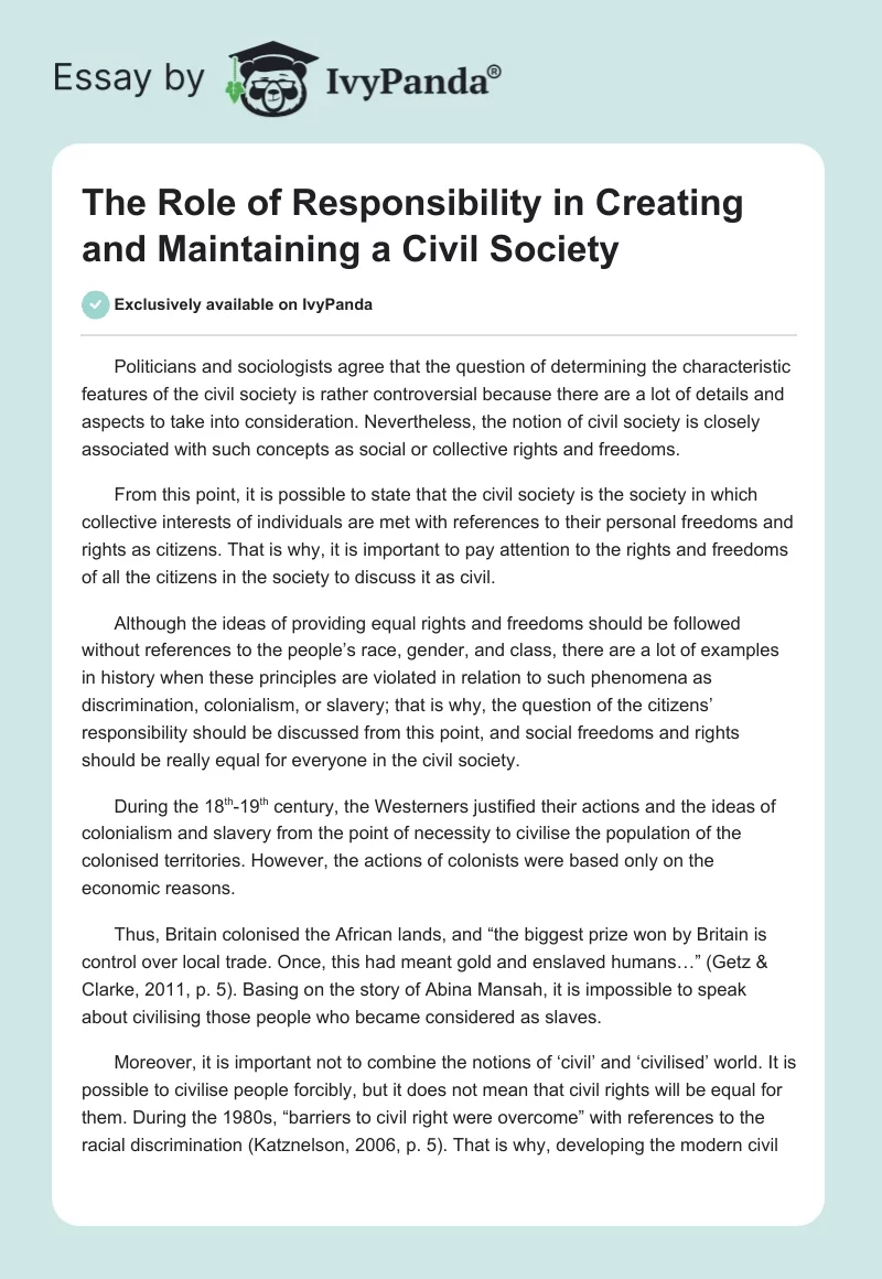 The Role of Responsibility in Creating and Maintaining a Civil Society. Page 1