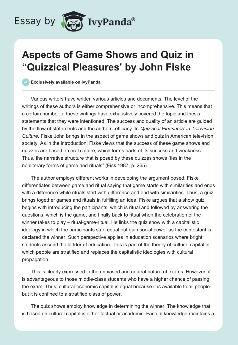 Aspects of Game Shows and Quiz in “Quizzical Pleasures’ by John Fiske. Page 1