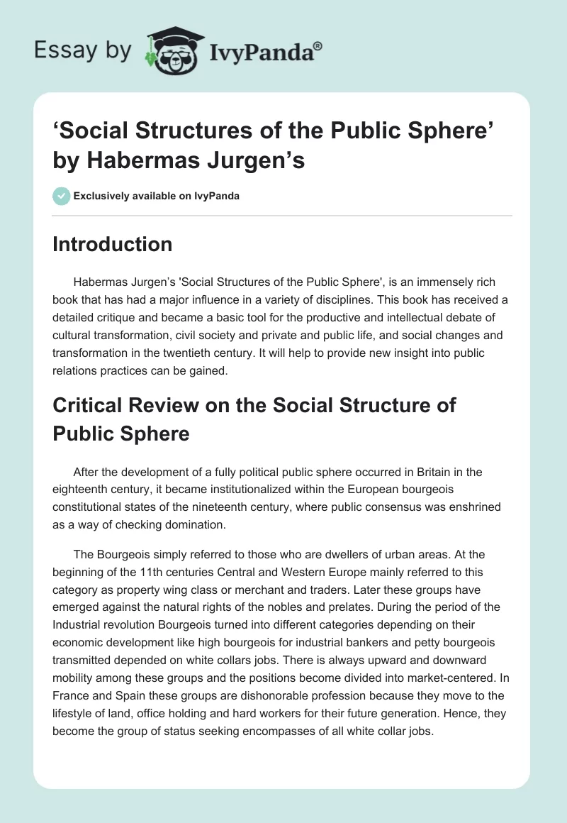‘Social Structures of the Public Sphere’ by Habermas Jurgen’s. Page 1