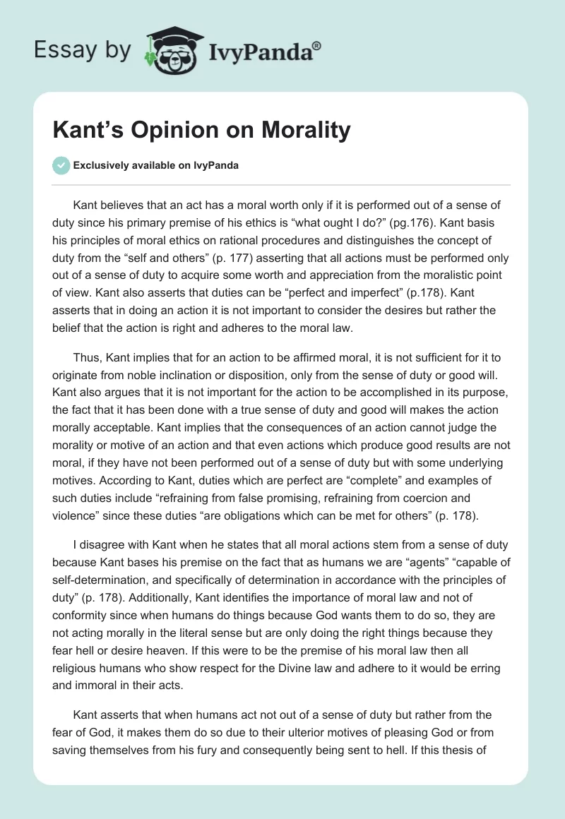 Kant’s Opinion on Morality. Page 1