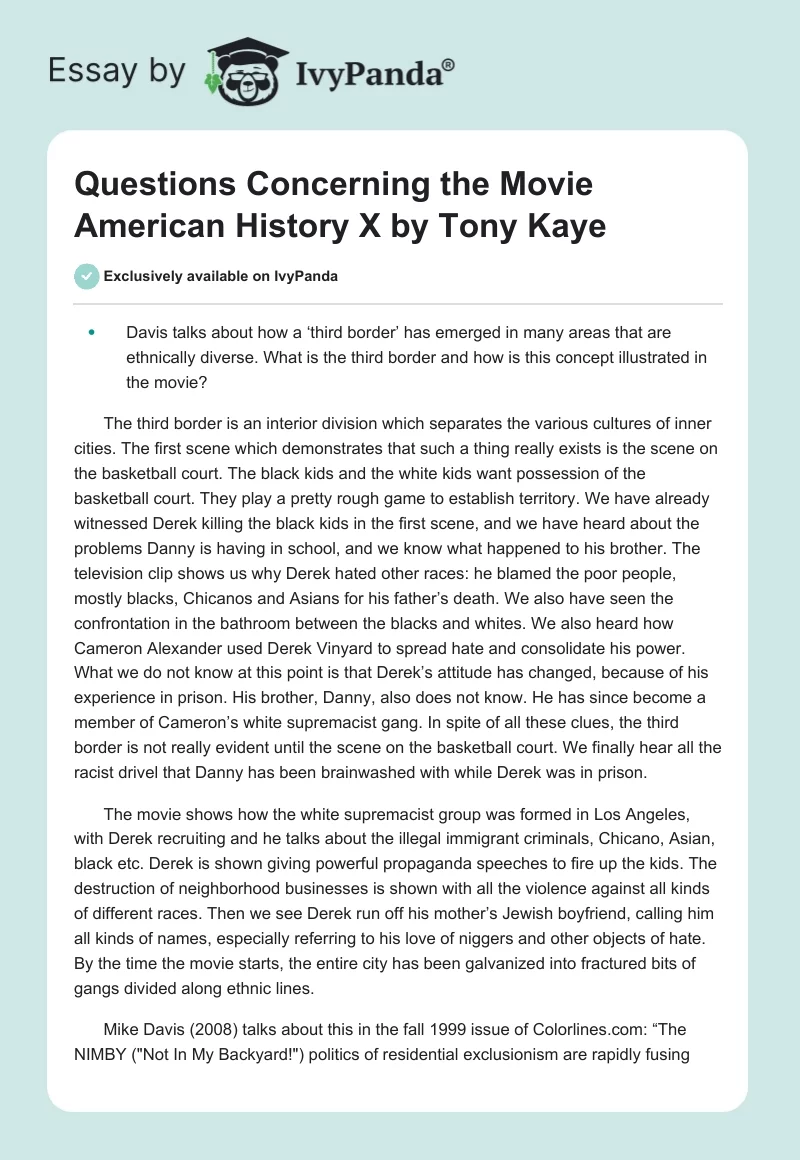 Questions Concerning the Movie "American History X" by Tony Kaye. Page 1