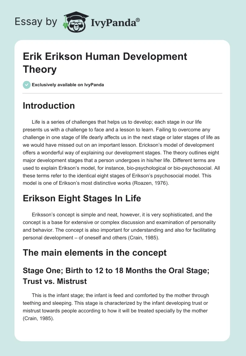 Erik Erikson Human Development Theory. Page 1