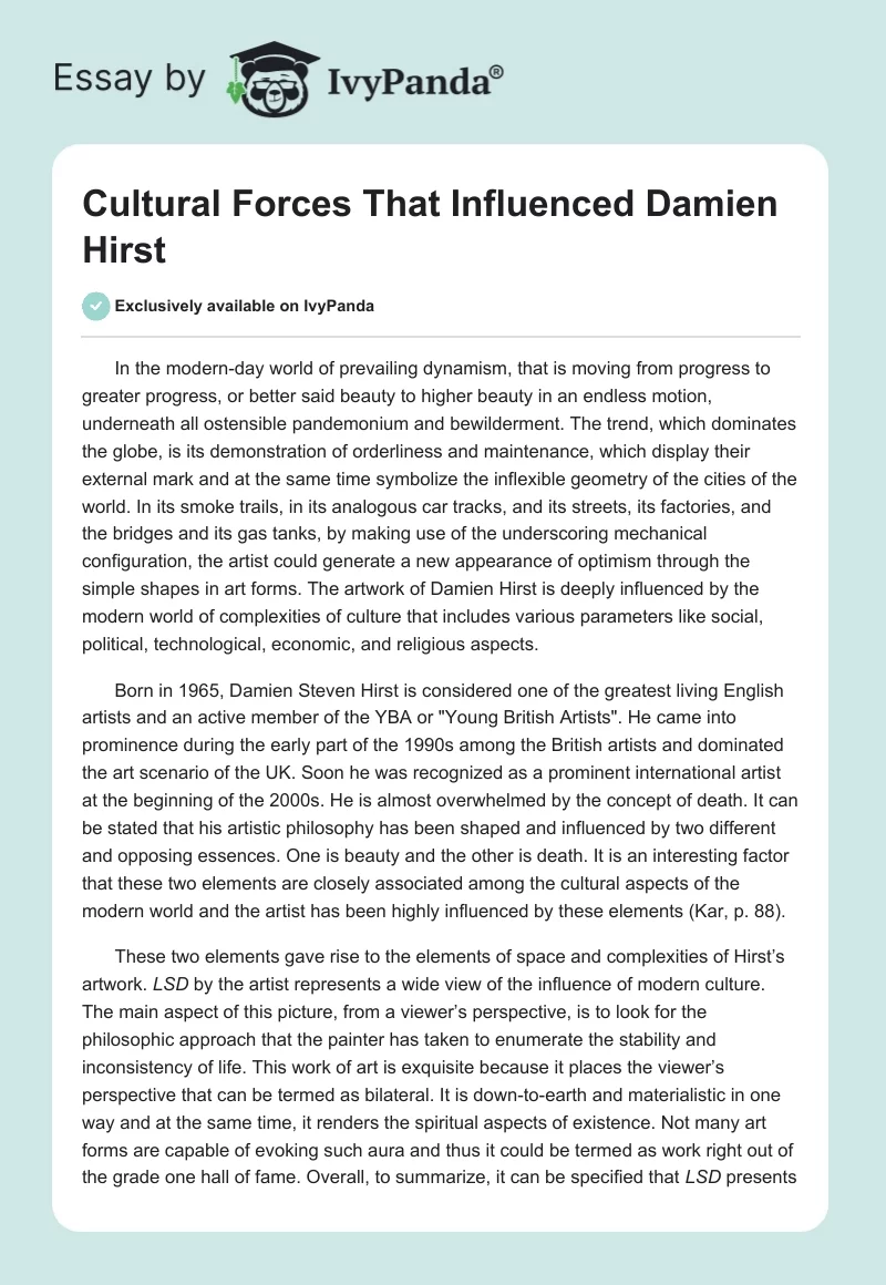 Cultural Forces That Influenced Damien Hirst. Page 1