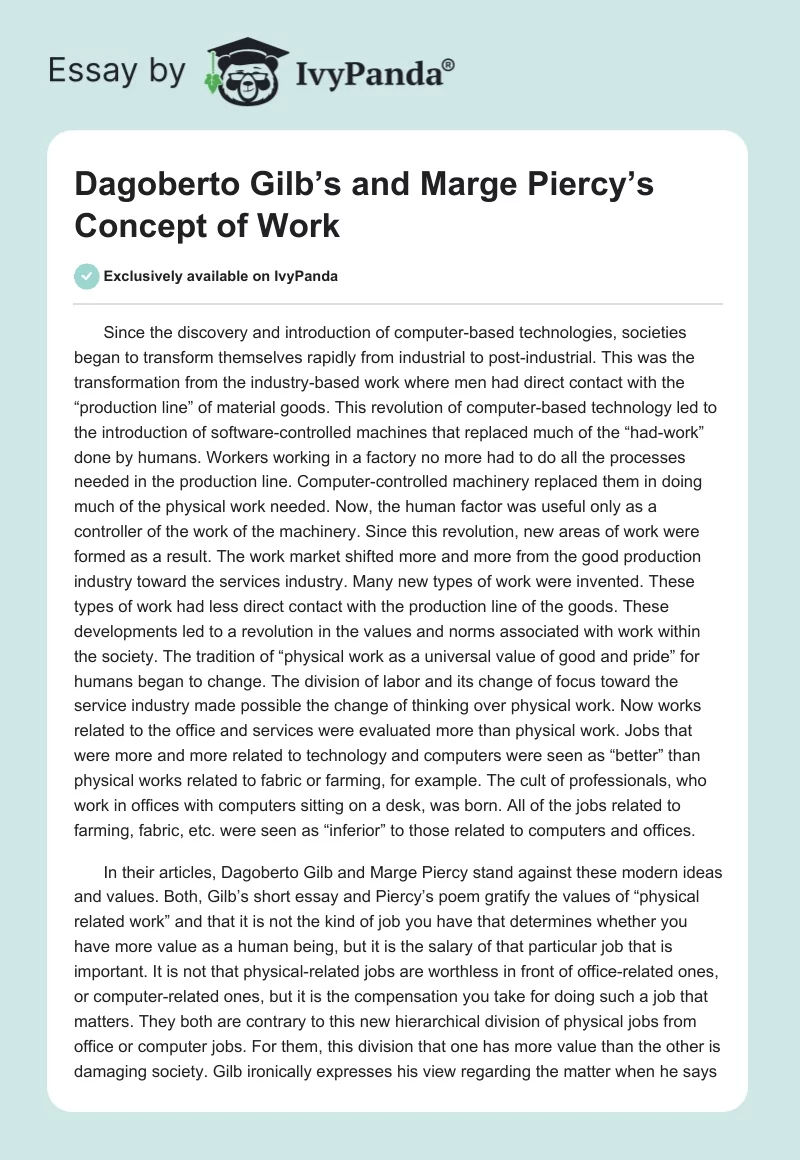 Dagoberto Gilb’s and Marge Piercy’s Concept of Work. Page 1