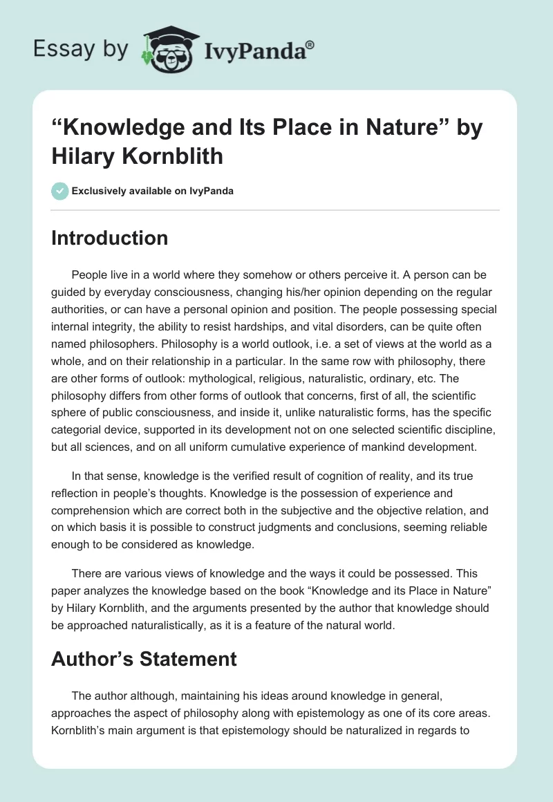 “Knowledge and Its Place in Nature” by Hilary Kornblith. Page 1