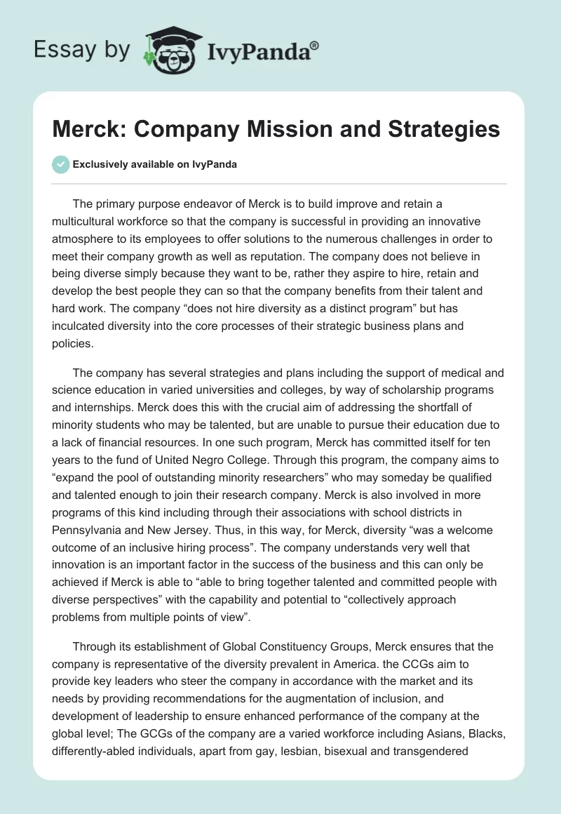 Merck: Company Mission and Strategies. Page 1