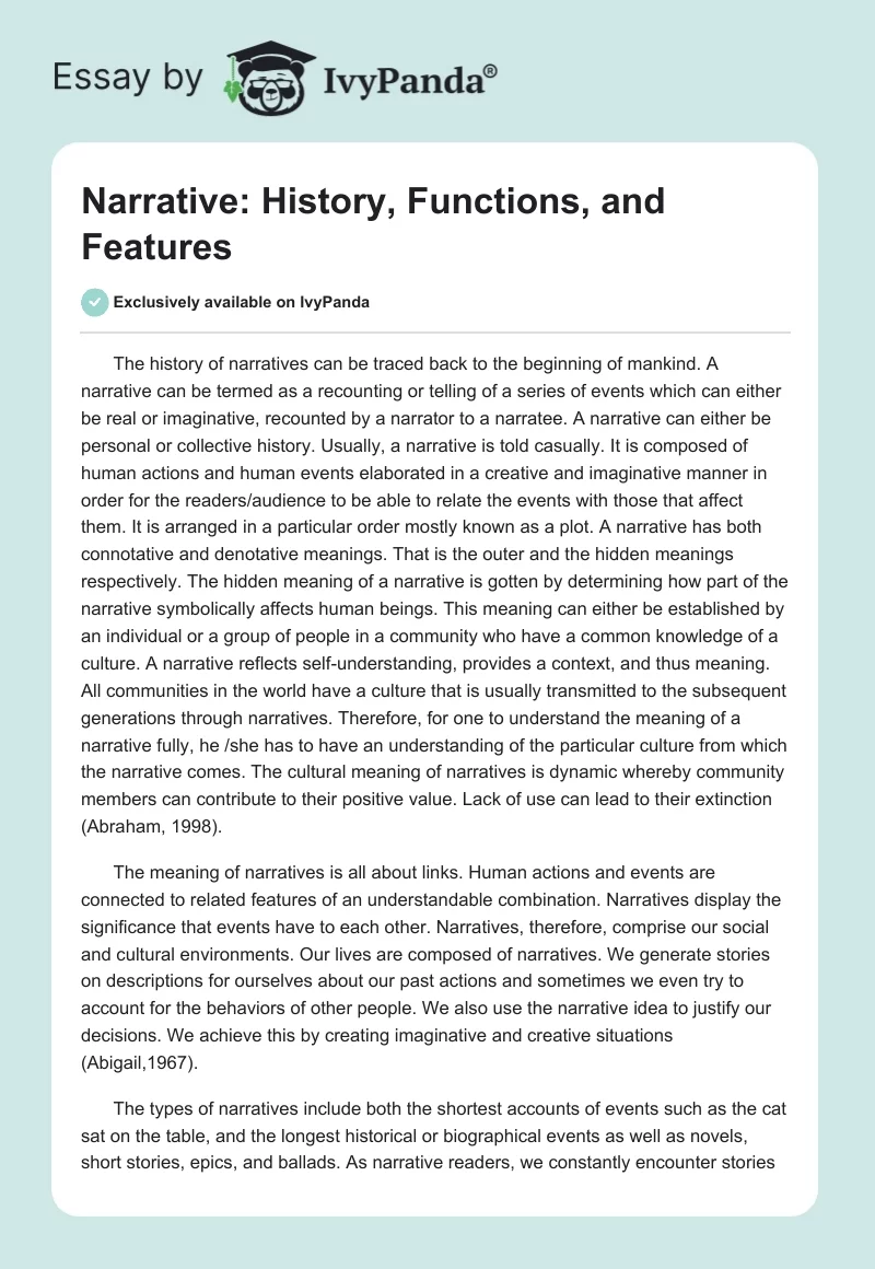 Narrative: History, Functions, and Features. Page 1