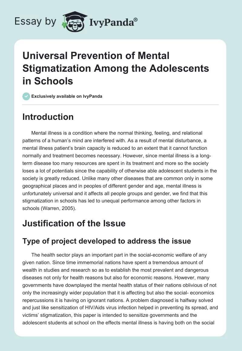 Universal Prevention of Mental Stigmatization Among the Adolescents in Schools. Page 1