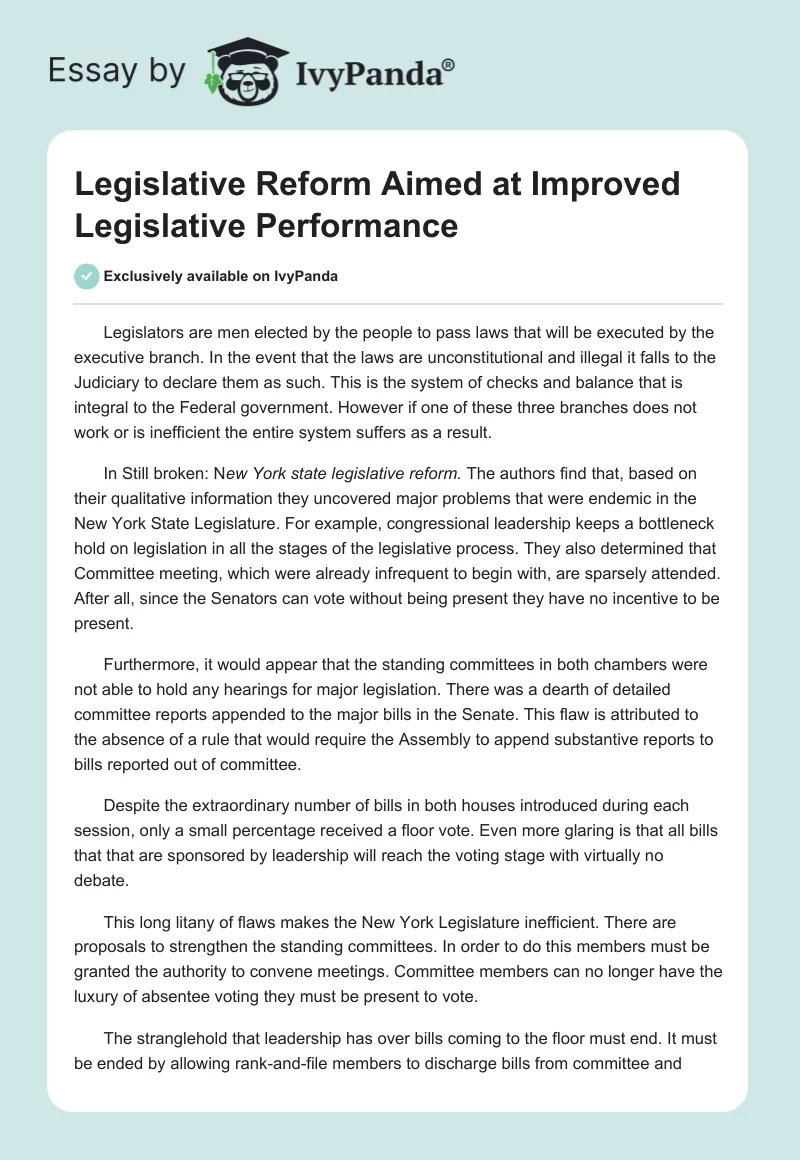 Legislative Reform Aimed at Improved Legislative Performance. Page 1