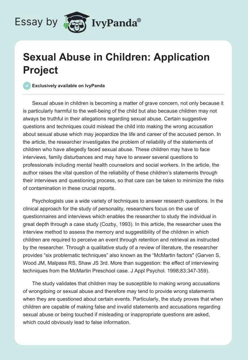 Sexual Abuse in Children: Application Project. Page 1