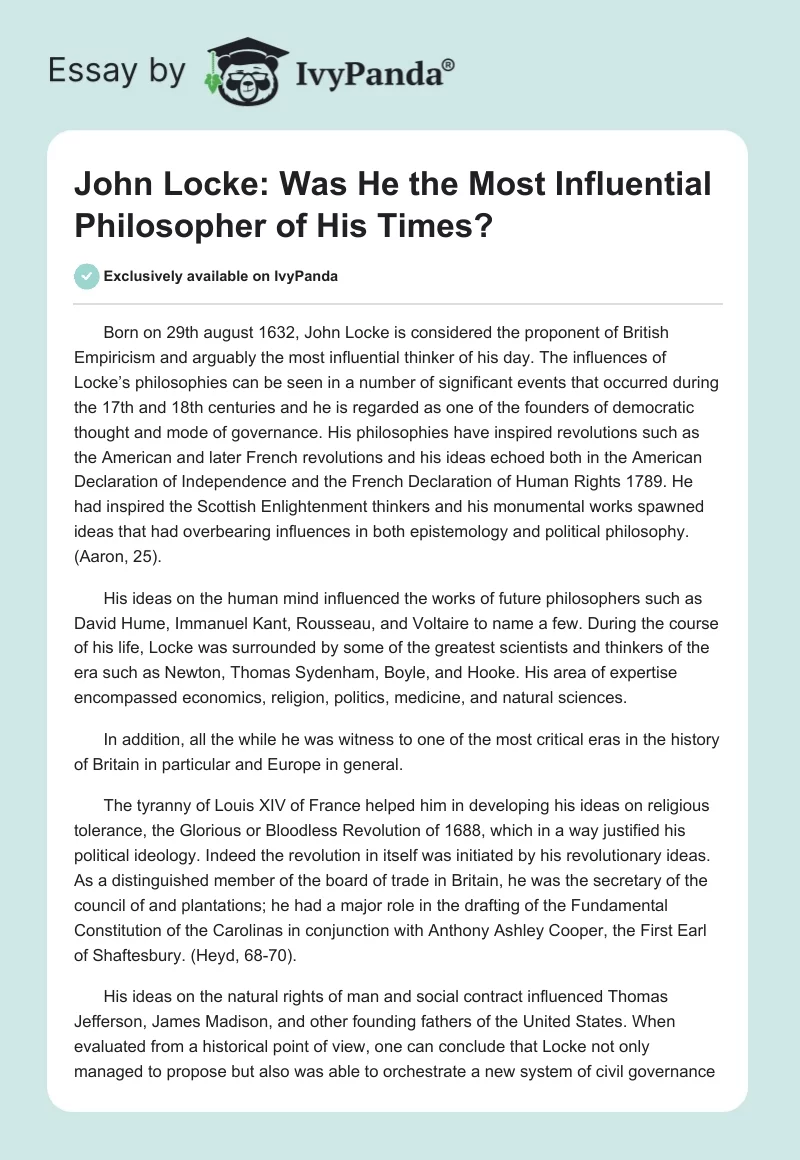 John Locke: Was He the Most Influential Philosopher of His Times?. Page 1