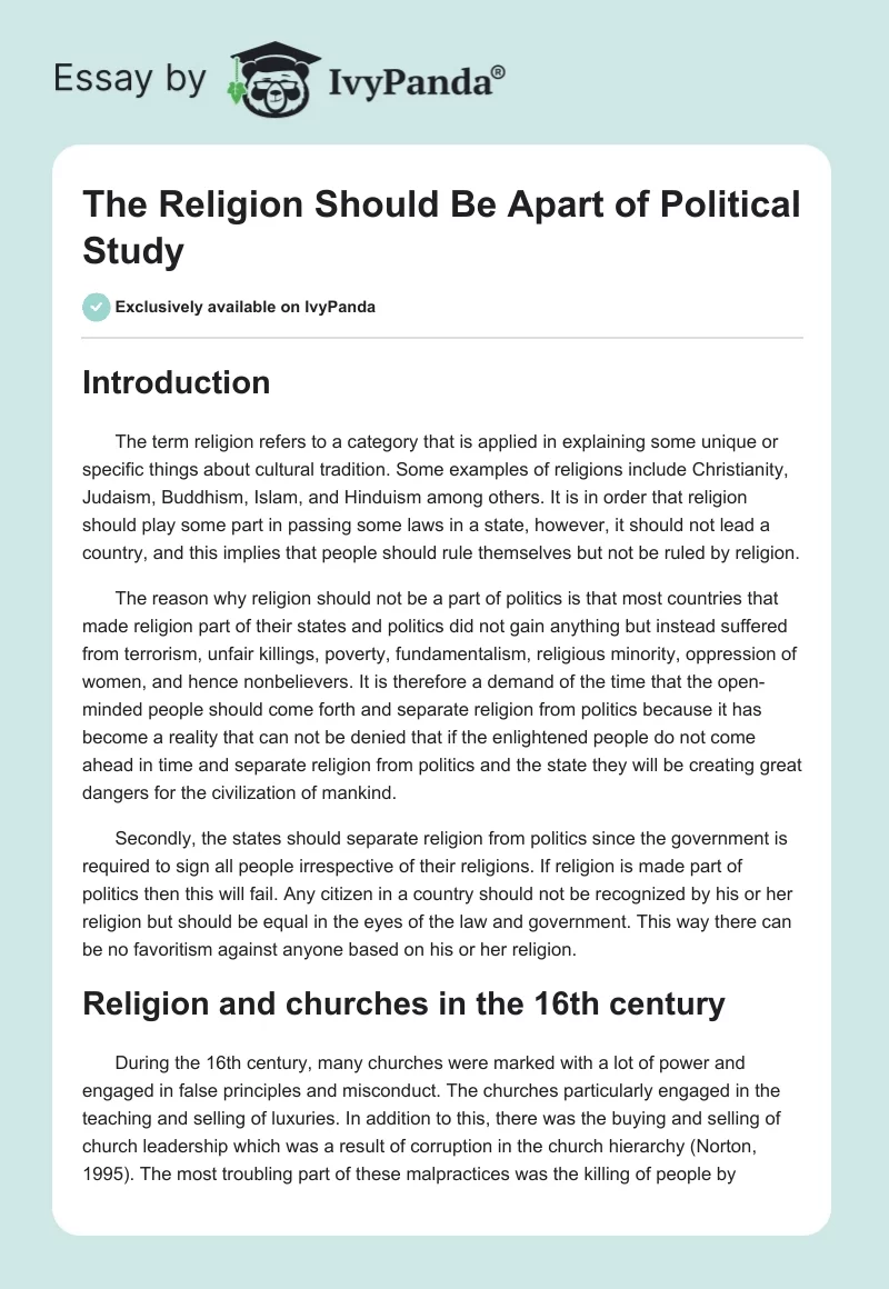 The Religion Should Be Apart of Political Study. Page 1